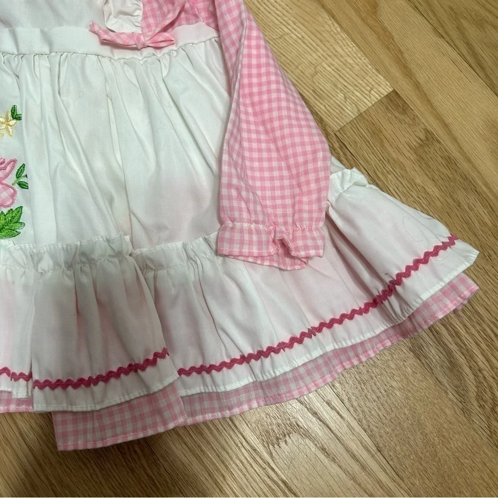 Vintage Smocked Embroidered Dress 12 mos Floral Pink Gingham Long Sleeve